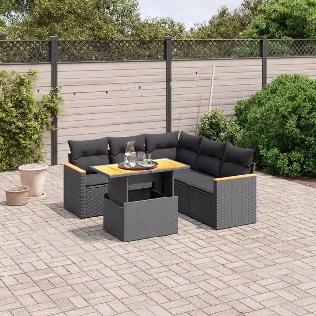 Set Divano da Giardino a L VIDAXL in Polyrattan Nero con Cuscini, 6 Pezzi