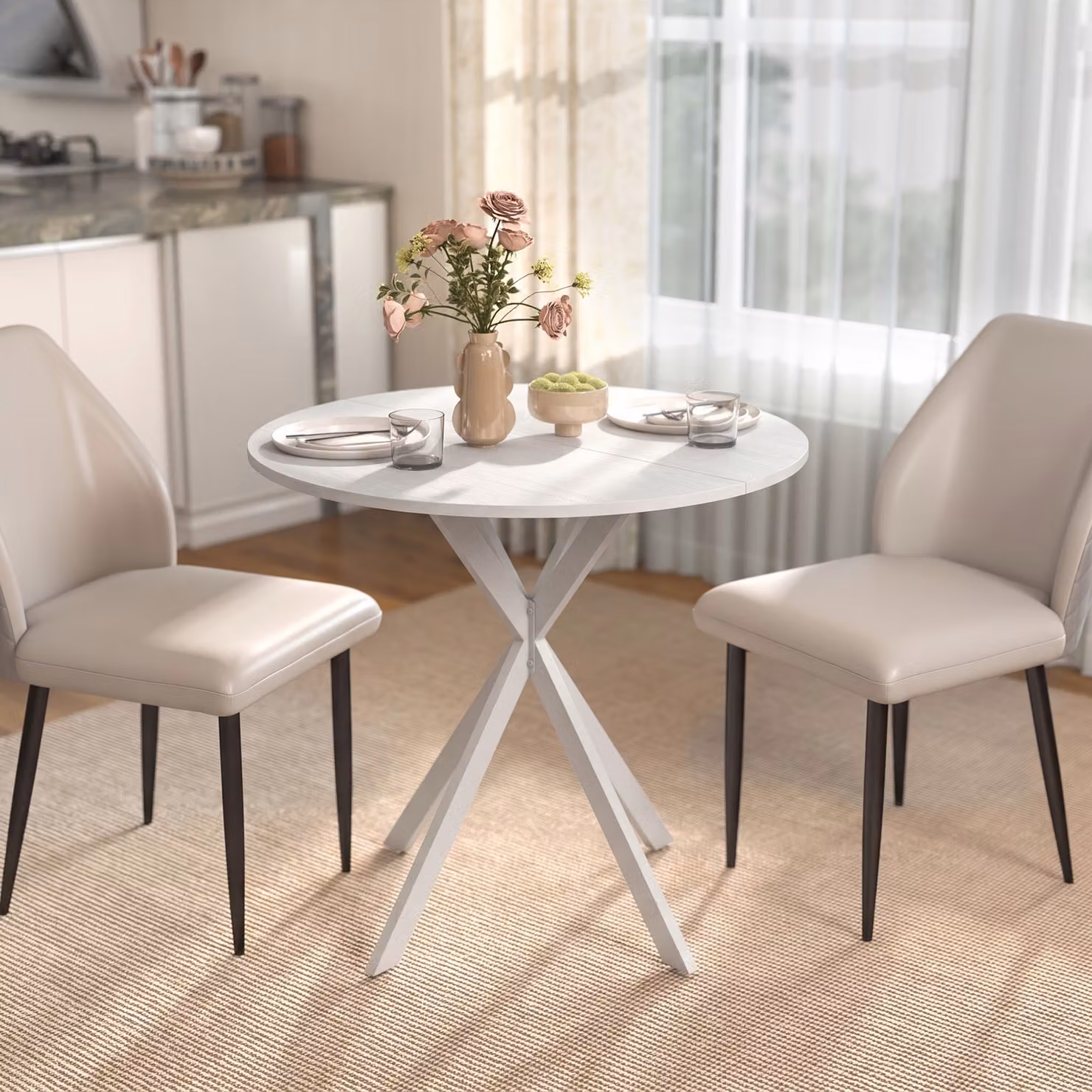 Tavolo da pranzo rotondo HOMCOM in stile industriale con gambe a croce in acciaio, Bianco, Ø80 x H 75 cm – 2