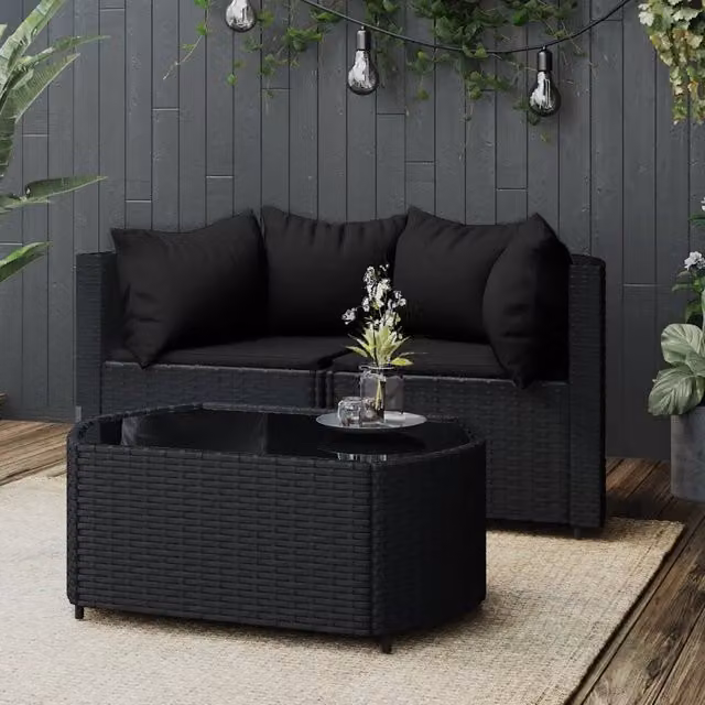 Set Divano da Giardino a L con Tavolino vidaXL, Colore Nero, con Cuscini e Struttura in Metallo e Polyrattan