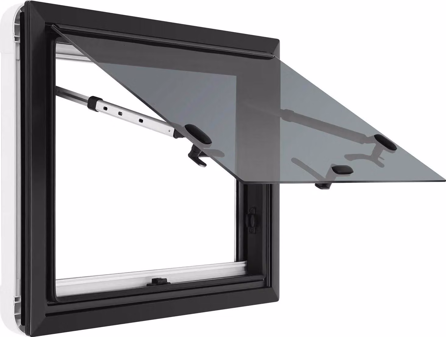 Finestra per camper/caravan, 60x45 cm - Finestra esterna - Finestra a battente con cerniera - Vetro temperato - Lega di alluminio - Resistente agli urti - Colore: nero/bianco