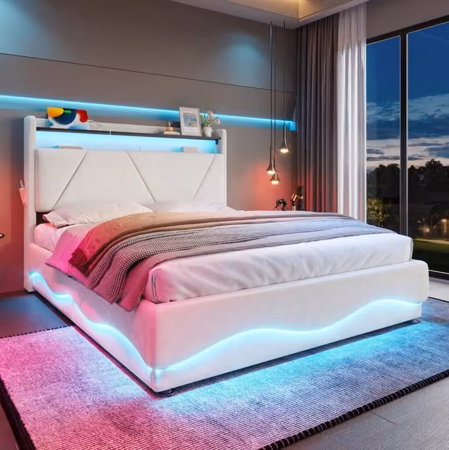Letto contenitore 140x200 cm; testiera con ripiano e LED; velluto beige (Senza materasso)