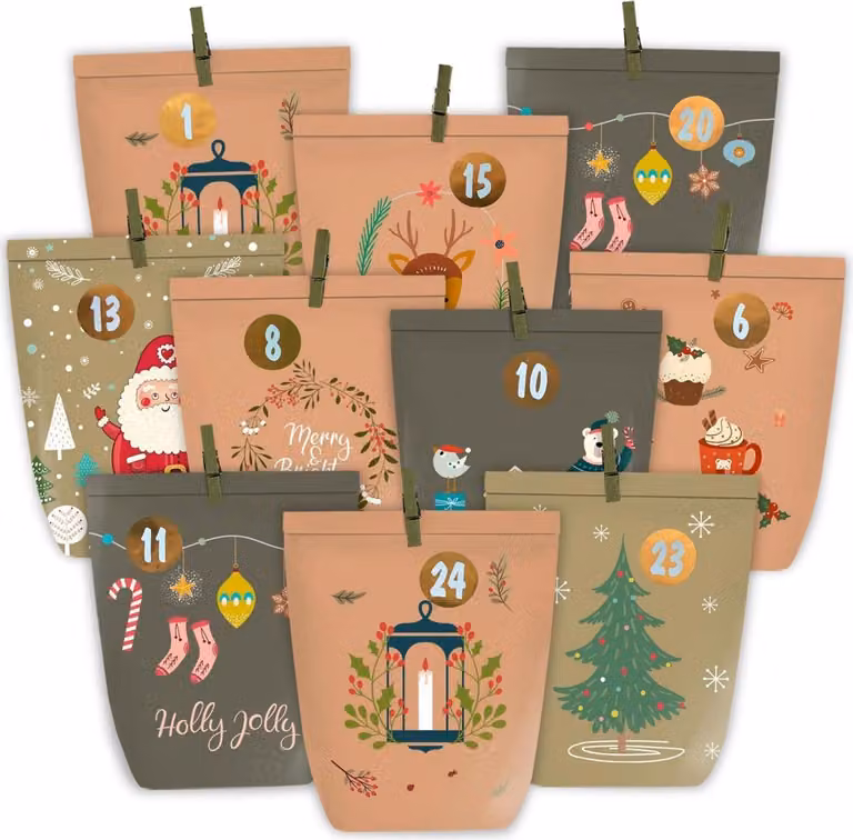 Set di sacchetti per il calendario dell'avvento fai da te, 24 sacchetti di carta kraft con numeri adesivi