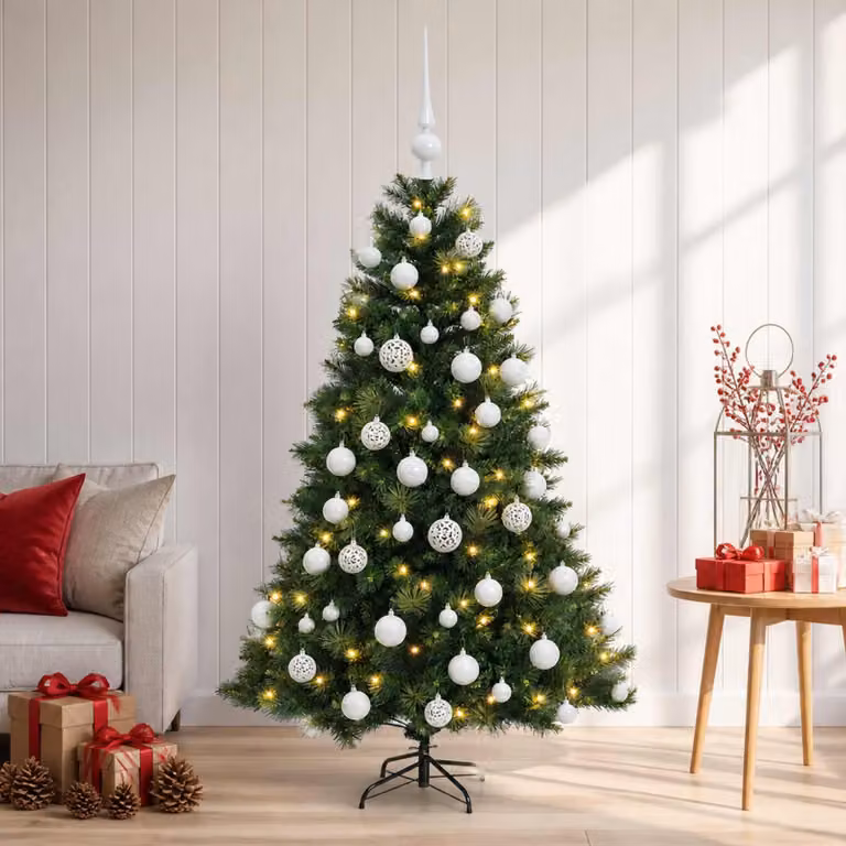 Albero di Natale artificiale con decorazioni natalizie, altezza 150 cm, 150 luci LED