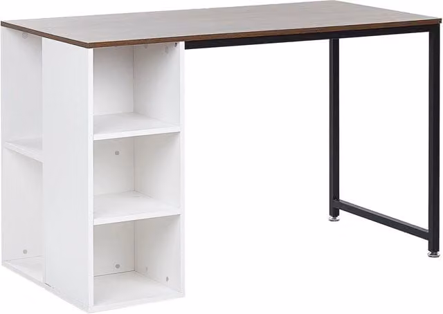 Scrivania da ufficio BELIANI in stile industrial con piano in legno marrone, struttura in metallo nero e ripiani bianchi, L: 120 cm, P: 60 cm, H: 75 cm