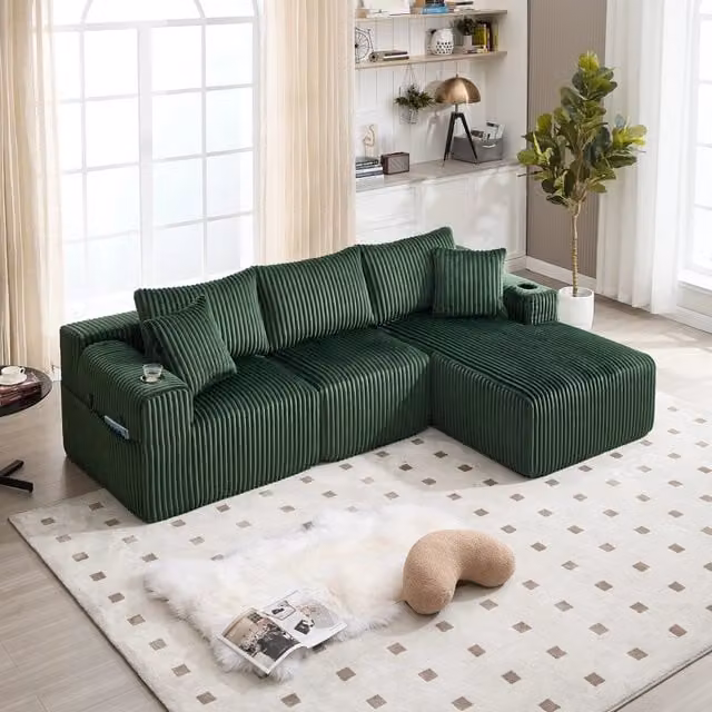Divano modulare con chaise longue e 2 posti in velluto a coste con 5 cuscini e tasche laterali verde smeraldo