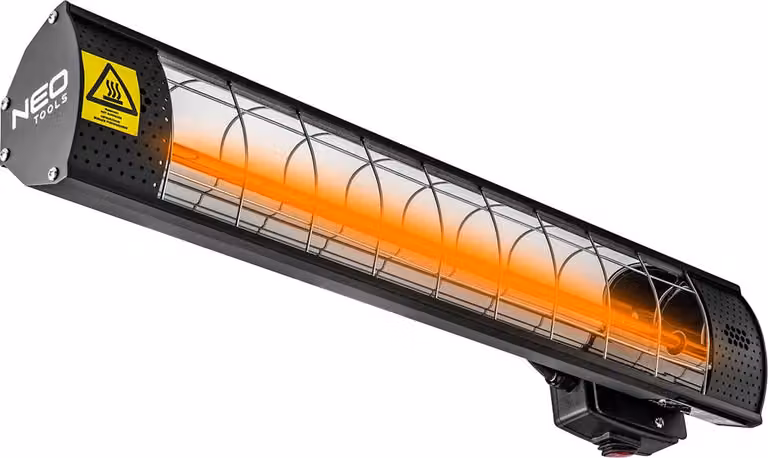 Riscaldatore radiante NEO TOOLS potenza 2000W, IP65, elemento riscaldante lampada alogena dorata, superficie riscaldante 18 metri quadrati, tempo di funzionamento 6000 h, per montaggio a parete, a soffitto o su treppiede, per uso interno ed esterno