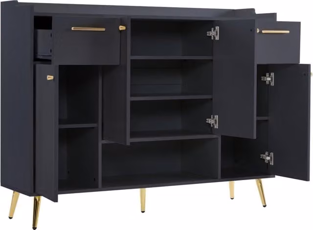 Mobile porta scarpe nero con 2 cassetti, 4 ante, piedini in metallo, dimensioni 130x37x100 cm