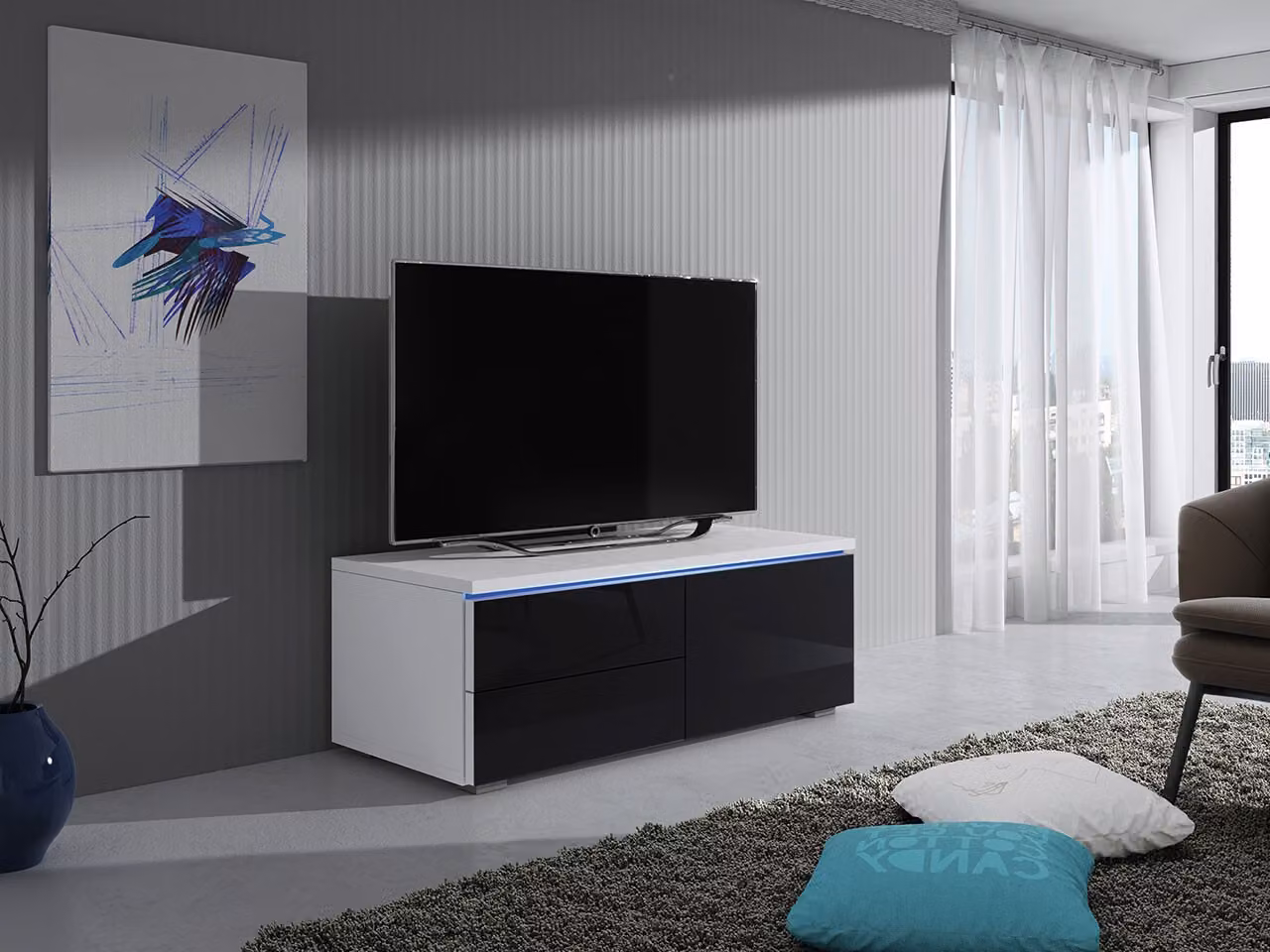 Tavolino per TV con illuminazione a LED FERNS 11 - bianco / nero lucido, destro