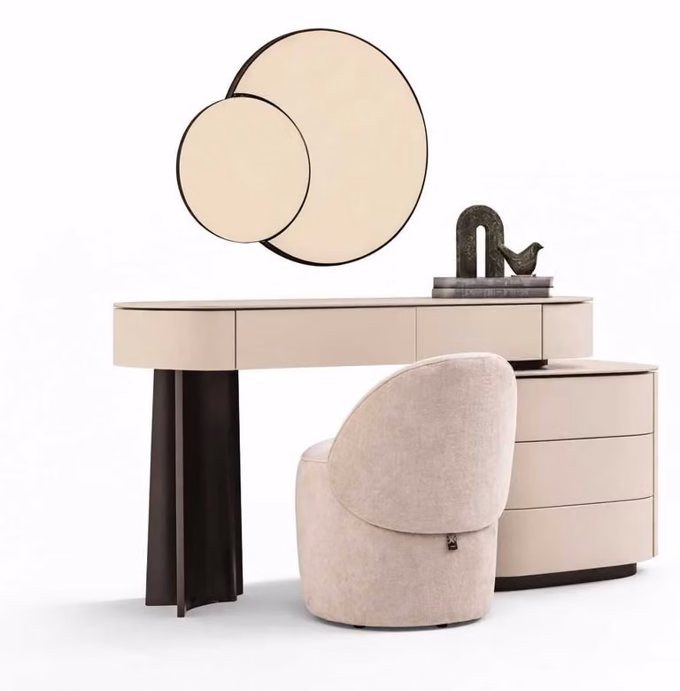 Toeletta di design beige con specchio e sgabello in stile moderno