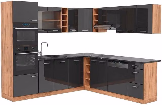 Cucina angolare moderna Vicco R-Line in antracite lucido e rovere dorato, L: 247 cm, P: 237 cm