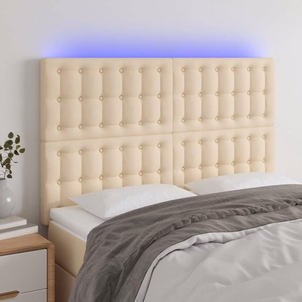 Testiera per letto vidaXL in tessuto beige con illuminazione LED e porta USB, L 144 x P 5 x H 118/128 cm