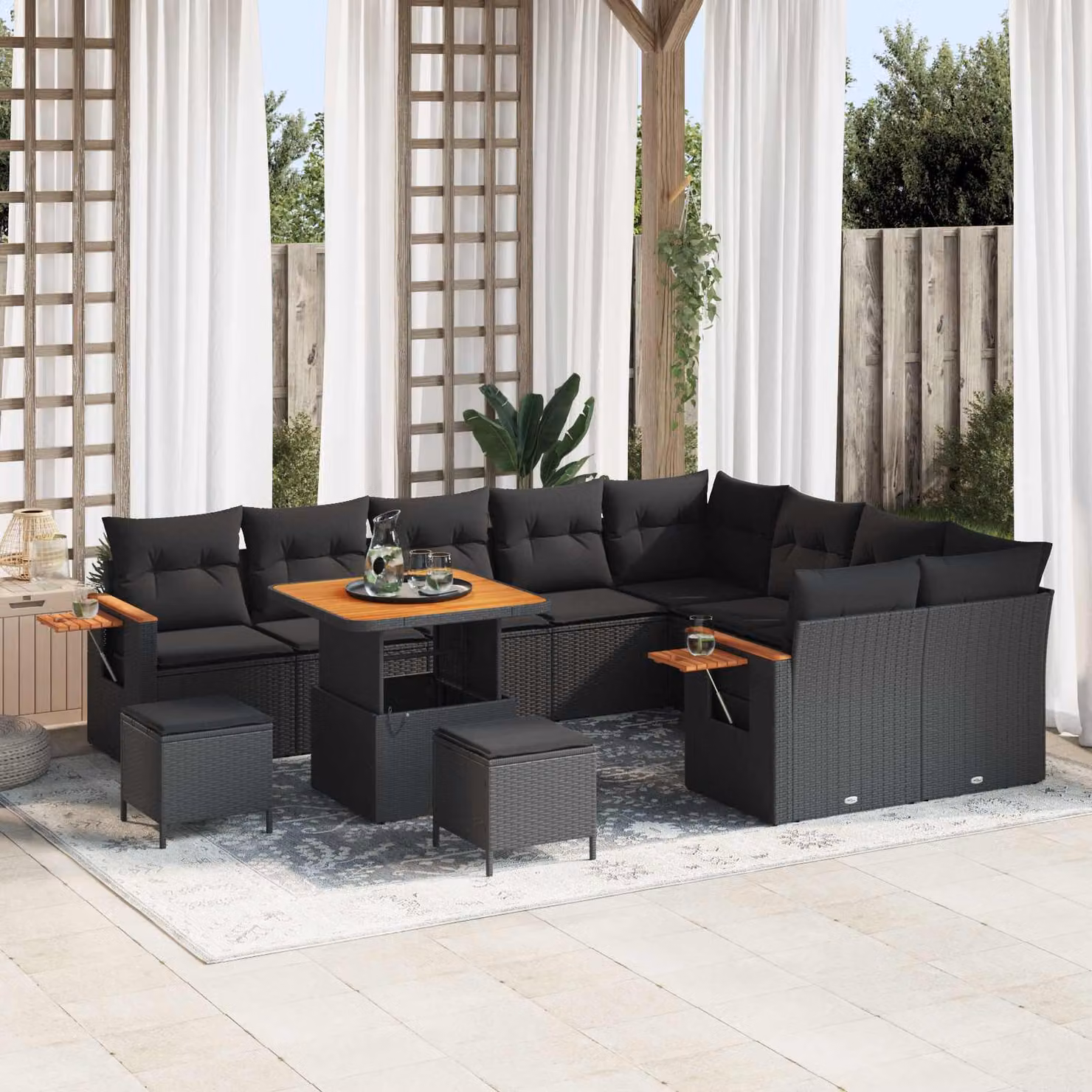 Set Divano da Giardino vidaXL 12 Pezzi a Forma di U in Polyrattan Nero con Cuscini e Tavolino da Caffè – 1