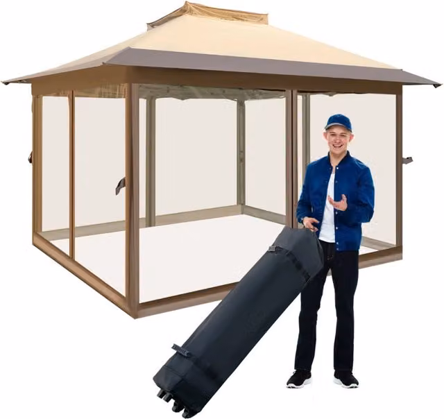 Gazebo pop-up 358x358cm con rete laterale a 4 lati cima ventilata borsa da trasporto, Tenda gazebo istantanea Marrone-Gazebo