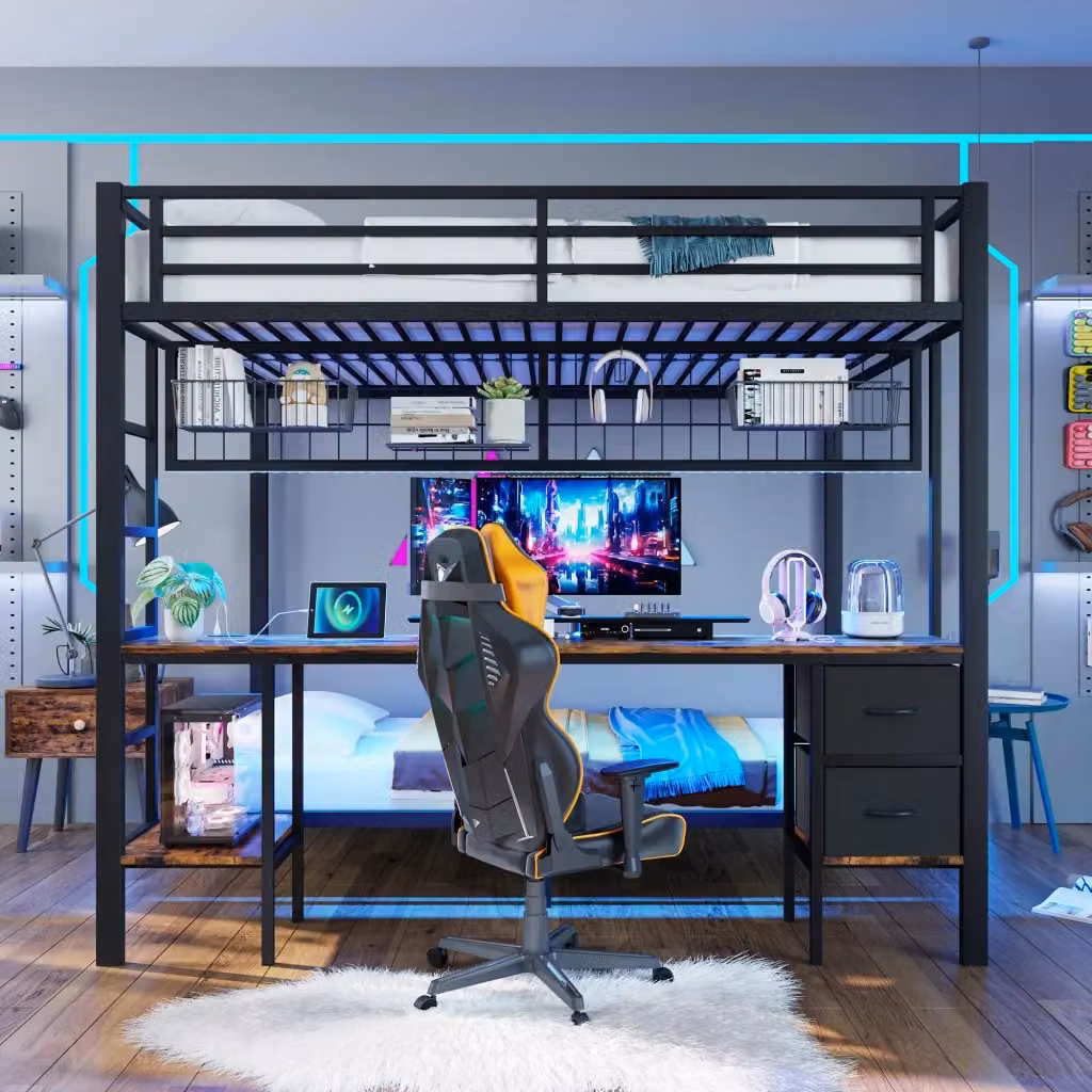 Letto a soppalco OKWISH nero con scrivania, cassetti, ripiani, illuminazione LED e porta USB per cameretta, L/P: 140 x 200 cm – 2