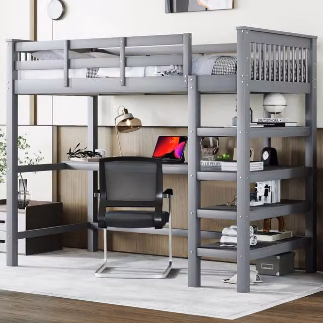 Letto a castello per bambini 90x200 cm con ripiani e scrivania sotto il letto, senza materasso - Grigio