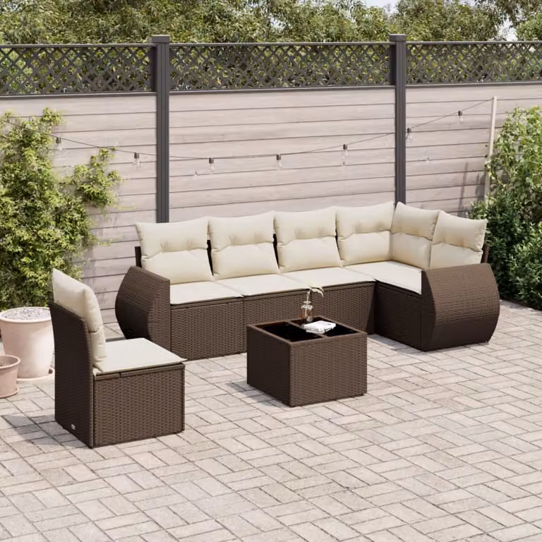 Set di divani da giardino vidaXL 7 pz in polyrattan marrone con cuscini e tavolino da esterno a forma di L