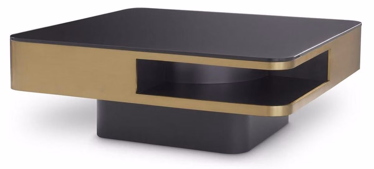 Tavolino Casa Padrino color ottone / nero 89,5 x 89,5 x h. 33,5 cm - Tavolino da salotto con piano in vetro - Mobili da salotto - Mobili