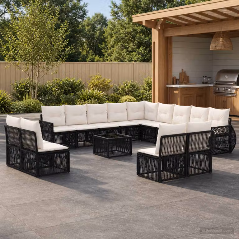 Set Divano da Giardino vidaXL 14 pz a Forma a U in Polyrattan con Tavolino e Cuscini, Nero e Bianco Crema