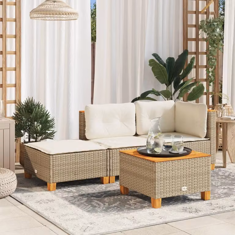 Sgabello da giardino vidaXL in polyrattan con cuscino beige e struttura in legno di acacia, L: 63,5 cm, P: 56 cm, H: 32 cm