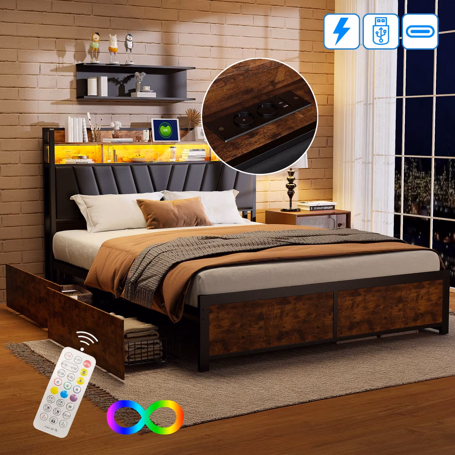 Letto imbottito ProximaX di colore nero con dimensioni 180*200cm, rete a doghe, testata, LED, mensola, 4 cassetti e struttura in metallo per camera dei ragazzi o camera matrimoniale