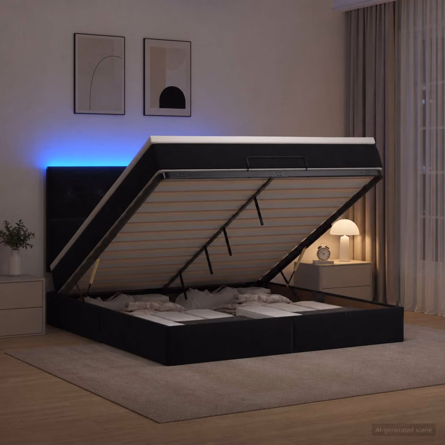 Letto Ottomano vidaXL con Materasso Ibrido e Illuminazione LED in Velluto Nero L: 140 cm, P: 200 cm, H: 88 cm