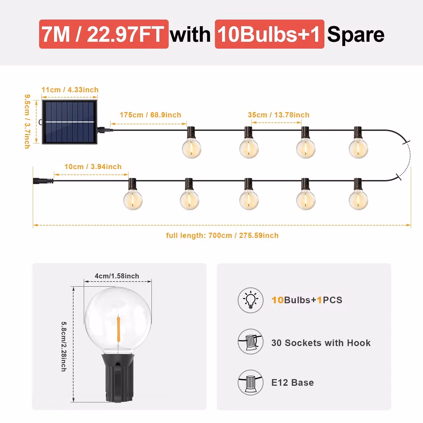 Catena luminosa solare con lampadine LED - Lampadine G40 - 7 metri - 11 lampadine G40 - Intensità regolabile - Telecomando - Resistente all'acqua (IP65) - 8 modalità di illuminazione