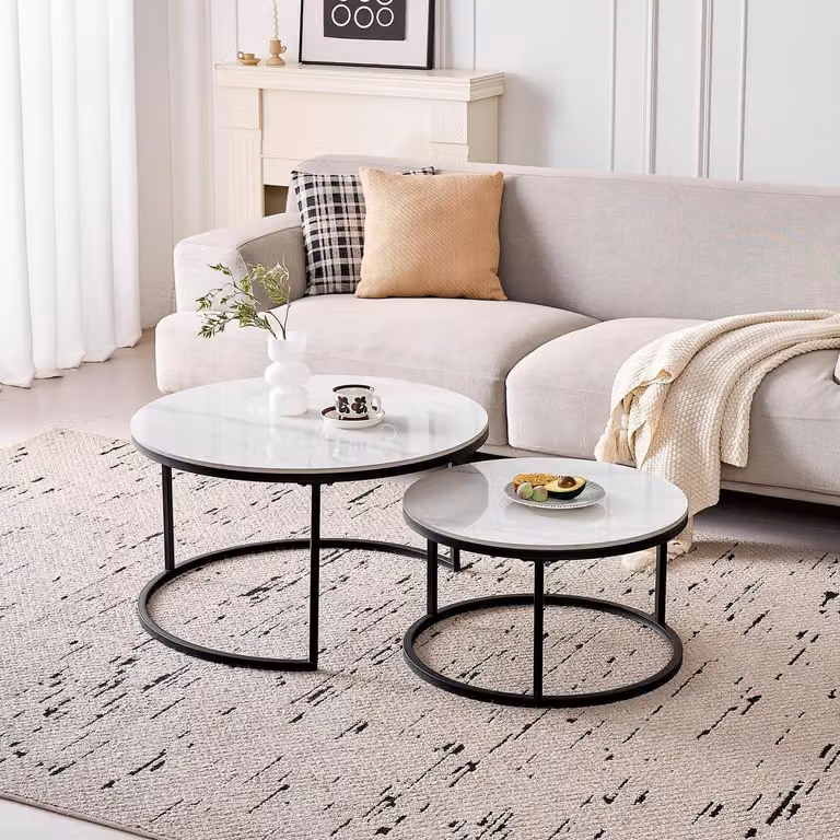 Set di tavolini da caffè rotondi, 2 pezzi, piano in Vetroceramica, bianco e nero, dimensioni 60+80 cm