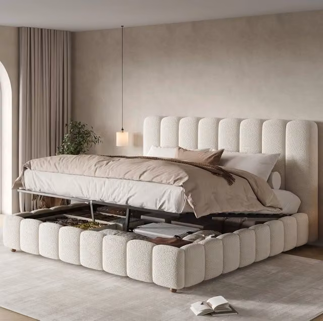 Letto 160x200 cm con contenitore idraulico, rete a doghe e rivestimento boucl¨¦ bianco