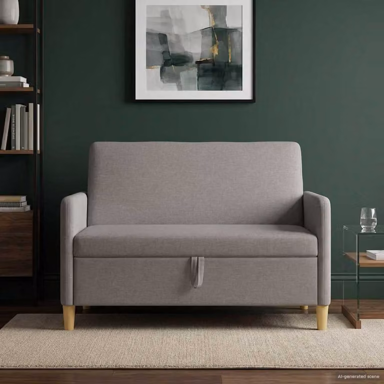 Divano moderno vidaXL con contenitore e seduta sollevabile in tessuto beige e grigio, L: 122 cm, P: 78 cm, H: 87 cm