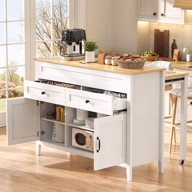 Isola cucina con tavolo estraibile 120 x 40 76 x 92 cm in MDF bianco con piano effetto legno