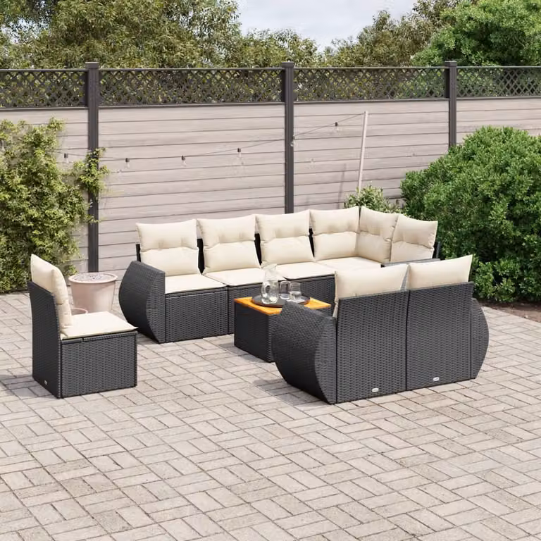 Set di divani da giardino vidaXL 9 pezzi con cuscini e tavolino da esterno nero in polyrattan e struttura in acciaio con legno di acacia