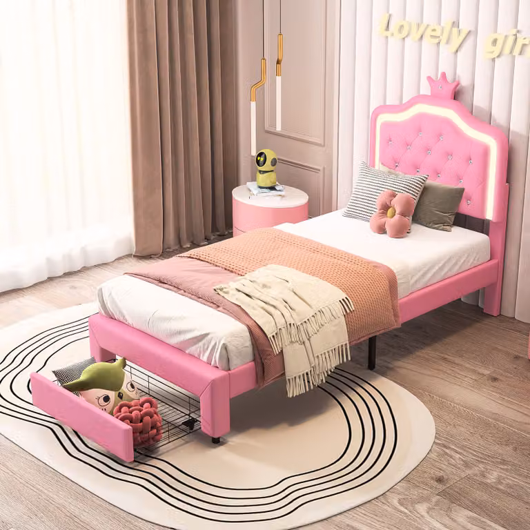 Letto imbottito Fortuna Lai 90x200 cm, LED, forma a fiore, contenitore, regolabile in altezza, ecopelle rosa