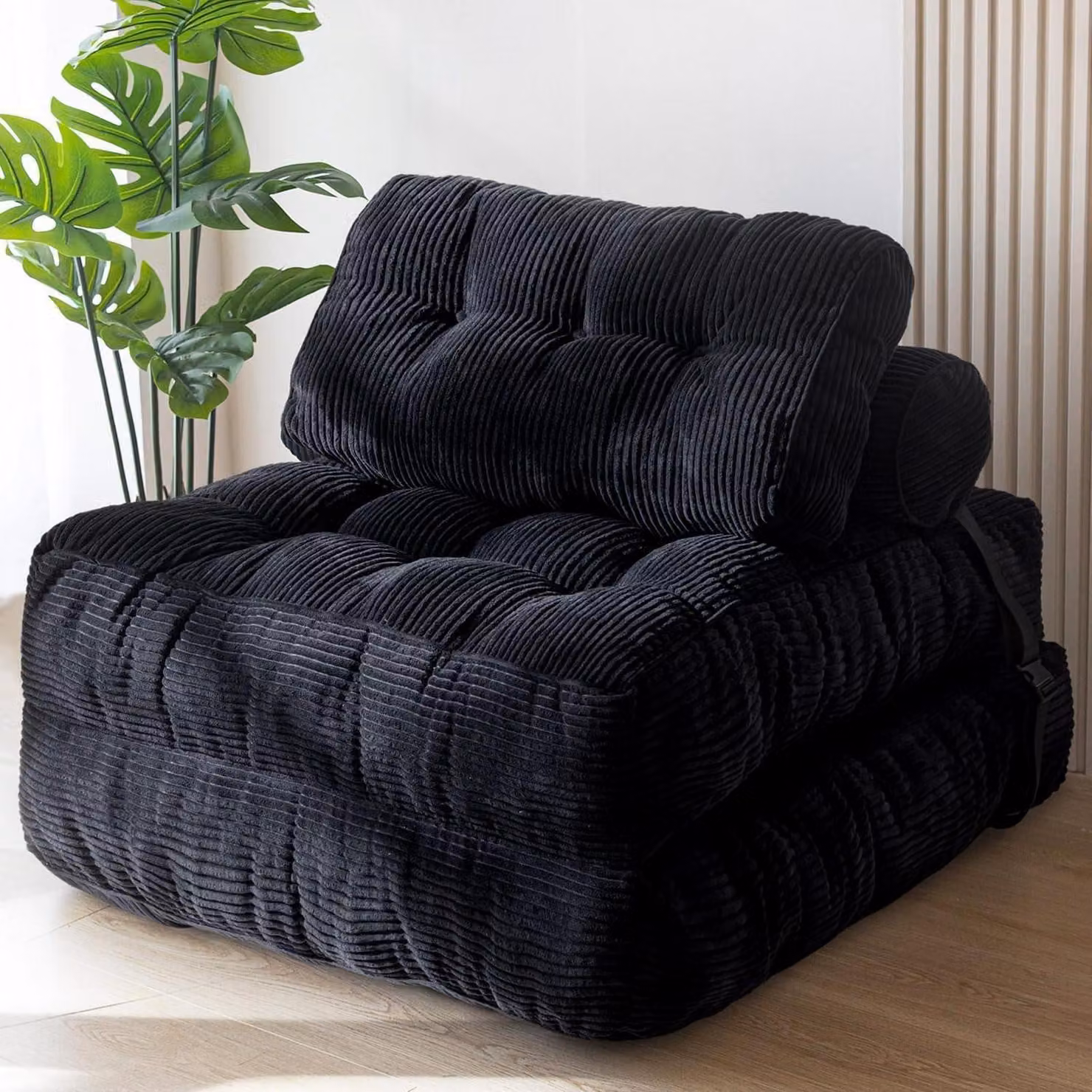 Divano letto trasformabile con cuscini, dimensioni 85x190 cm, colore nero, rivestito in tessuto corda