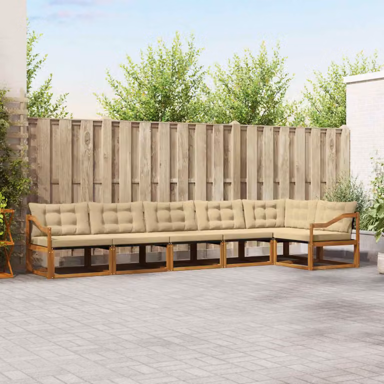 Set di divani da esterno vidaXL a forma di L composto da 6 pezzi in legno di acacia con cuscini beige e sabbia