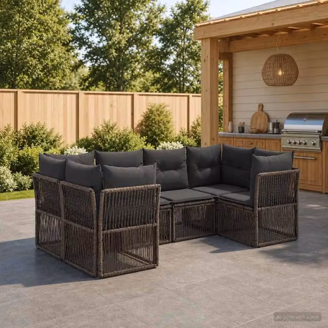 Set Divano da Giardino vidaXL a 6 posti in Polyrattan Grigio con Cuscini e Struttura in Acciaio – 1