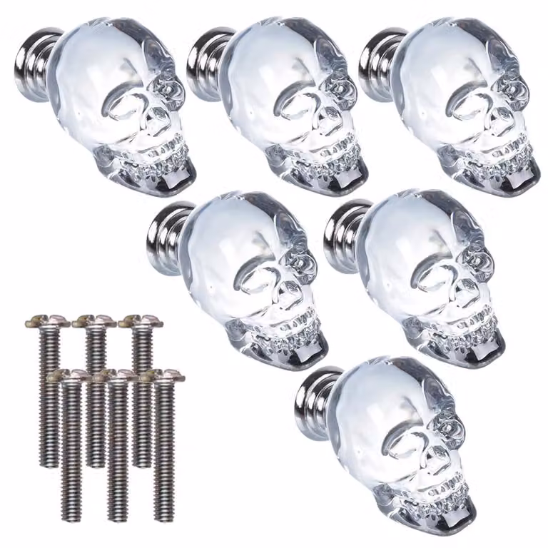 Set di 6 pomelli per porte a forma di teschio, diametro 17-22 mm