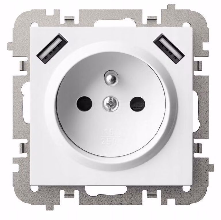 SANTRA, presa a 2P+T, 2 porte USB, alimentata, senza cornice, colore bianco, modello 4188-10