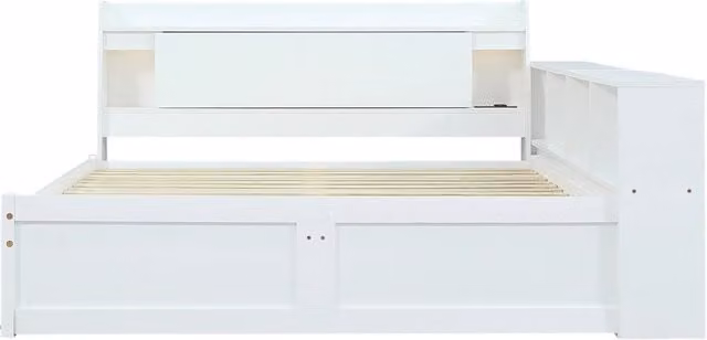 Letto matrimoniale in legno bianco 140x200 cm con testiera contenitore, illuminazione e porta di ricarica integrata