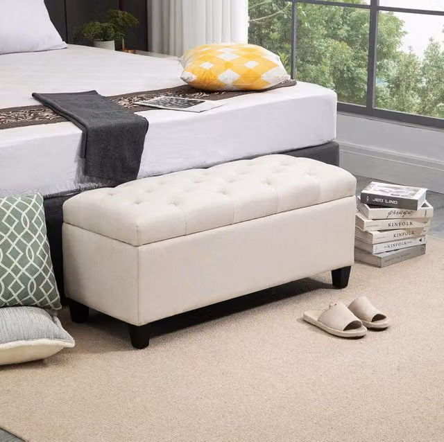 Panca contenitore ULEVR 100x40x44 cm con seduta imbottita apribile e gambe in legno di caucci¨´, bianco crema