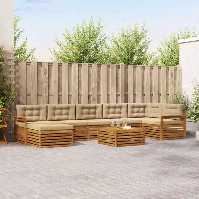 Set di divani da esterno a L vidaXL in legno di acacia con cuscini beige e marrone, composto da 8 pezzi con tavolino e pouf – 1