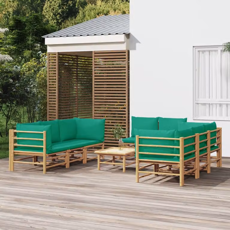 Set Salotto da Giardino vidaXL in Bambu con Cuscini Verdi e Marroni, Design Moderno a L con Divani e Tavolino