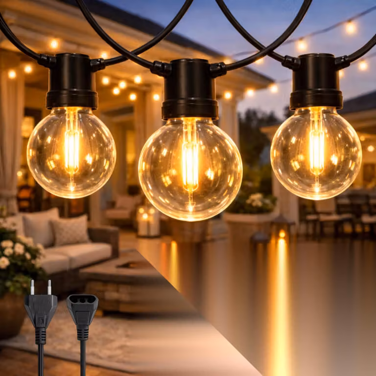Catena luminosa, lunghezza 7,5 metri, 25 lampadine a luce calda, 2200 K, grado di protezione IP56