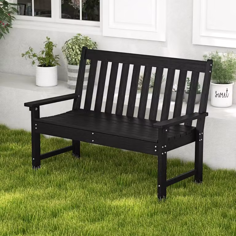 Panchina da giardino Costway per 2 persone con schienale e braccioli in HDPE nero opaco
