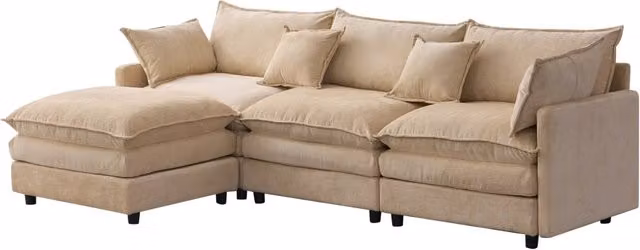 Divano angolare modulare in chenille premium 3 posti con chaise longue e pouf, design adattabile per soggiorni e piccoli spazi