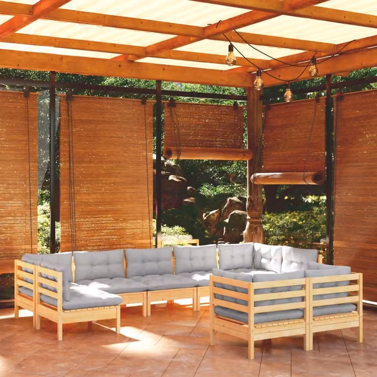 The Living Store Set da 9 pezzi per salotto da giardino con cuscini grigi in legno di pino massiccio