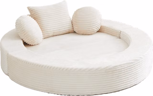 Divano letto 4 in 1 trasformabile in chaise longue e letto rotondo con cuscini in velluto a coste beige
