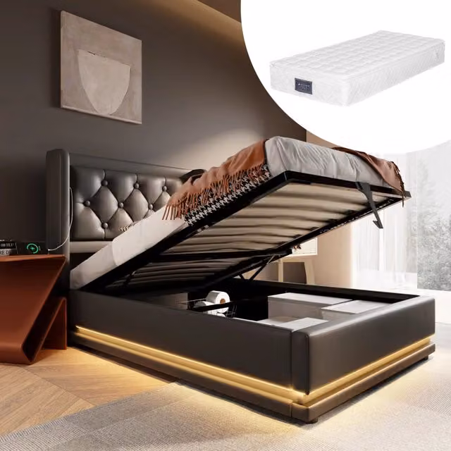 Letto singolo 90 × 200 cm con contenitore idraulico, USB, porta Type-C e LED regolabile, materasso incluso, PU nero
