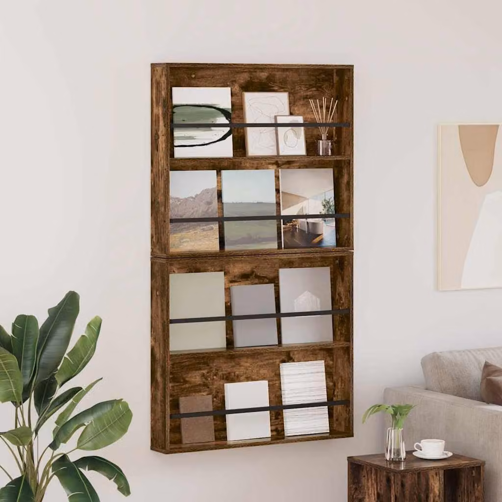 Set di 2 Scaffali per riviste vidaXL in Rovere Fumo, design moderno con ripiani regolabili, L: 80 cm, P: 12 cm, H: 70 cm
