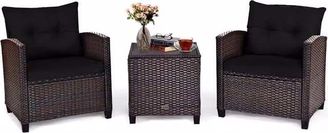 Set di 3 mobili da giardino Costway in rattan con piano in vetro, composto da 1 tavolino e 2 sedie con 4 cuscini rimovibili, colore nero e marrone – 1