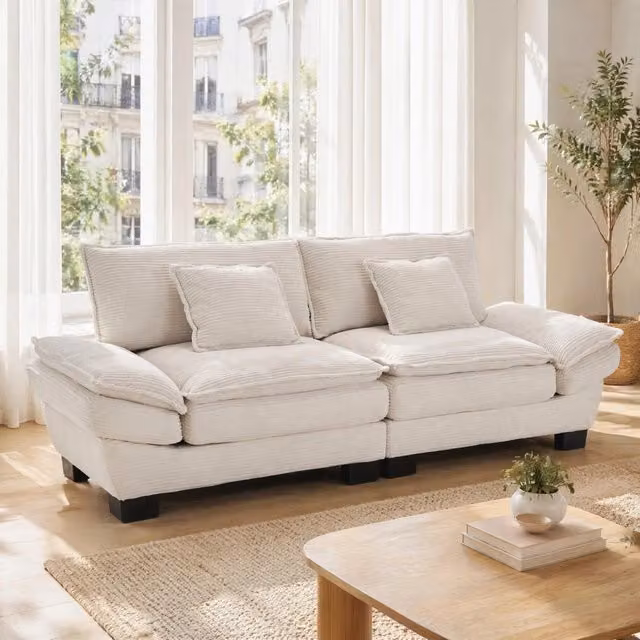 Divano 2 posti con seduta profonda in velluto beige; struttura in legno; 224 × 81 × 81 cm